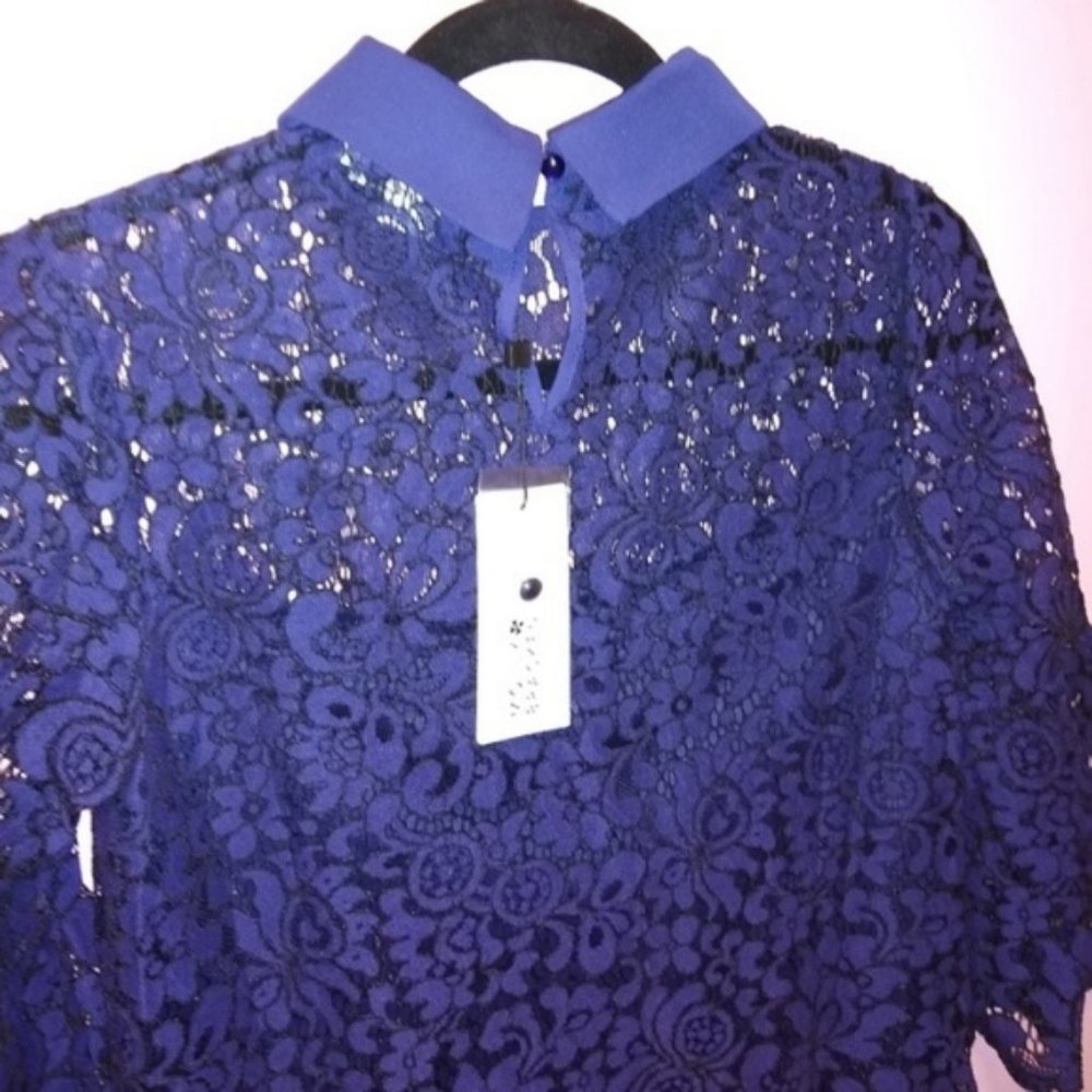 Boutique French Lace Navy Blue Collar Shift Dress - Picture 8 of 8